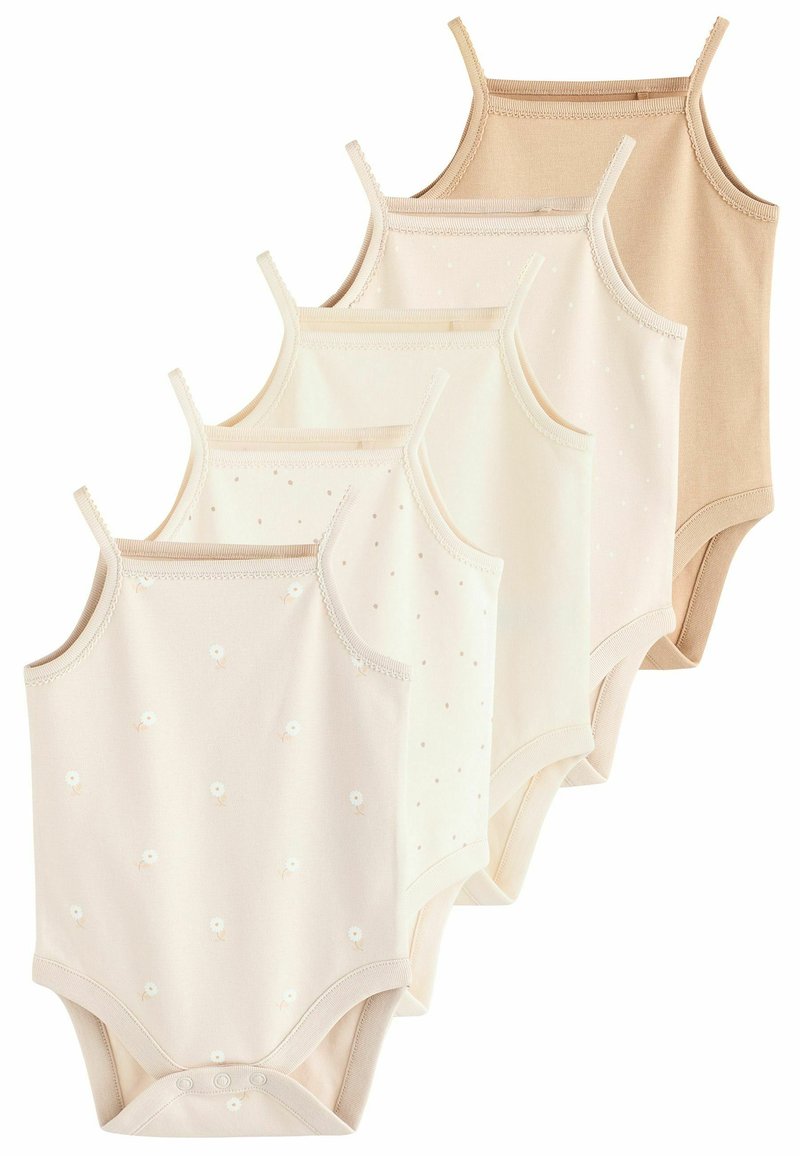 Set aus fünf Baby-Bodysuits in Beigetönen. Merkmale sind dünne Träger, weicher Baumwollstoff, Punkte- und Blumenmuster sowie Druckknopfverschlüsse.