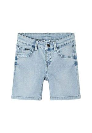 Lichtblauwe denim shorts met vijf zakken, voorste knoopsluiting en zichtbare stiksels. Heeft een vervaagde textuur voor een casual uitstraling.