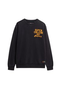 Sudadera negra de algodón, con cuello redondo y mangas largas. Texto naranja que dice "SUPER COLLEGE DRY Japón" en el frente.