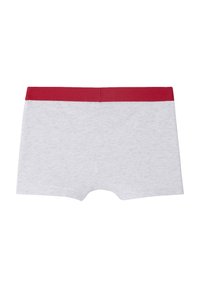 Gray cotton trunk with a red elastic waistband, featuring a smooth texture and a simple design, cut to sit comfortably at the hips.