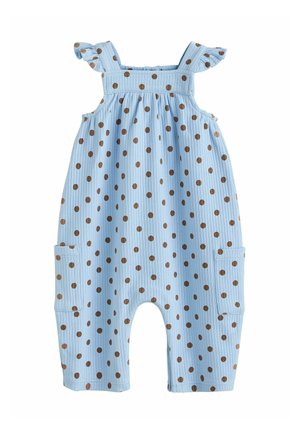Lichtblauwe baby romper met bruine stippen, gerimpelde schouderbandjes, geplooide borst en zijzakken.