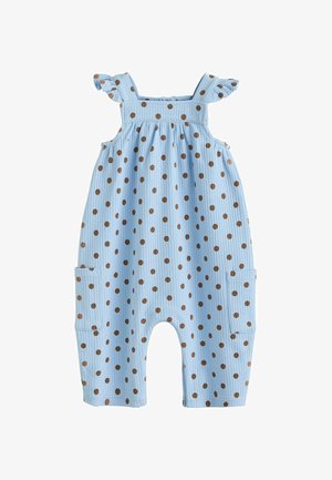 Svetlomodrý detský overal s hnedými bodkami, volánikové ramienka, nariasená časť na hrudi a bočné vrecká.
