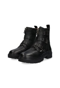 Zwarte leren enkelboots met een gestructureerde afwerking, meerdere gespbanden, een ronde neus en een robust zool voor duurzaamheid.