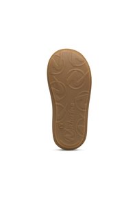Suola in gomma tan con un pattern testurizzato di forme circolari e il nome del marchio "Naturino" impresso insieme alla taglia "20."