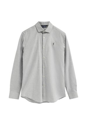 Camicia da uomo a maniche lunghe con bottoni, motivo a quadri grigio e bianco e piccolo logo ricamato sul petto sinistro.