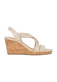 Beige wedge sandalen met een kurken zool, een glad leren bovenwerk met kruisende banden en een elastische enkelband voor een goede pasvorm.