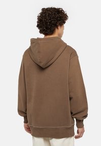 Brun oversized hoodie med dragsko i huvan, ribbade ärmar och nederkant, tillverkad av mjukt tyg med en något strukturerad yta.