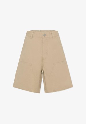Beige katoenen short met een elastische tailleband, brede pijpen, twee voorzakken en rafelige zomen. Getextureerde stof voor duurzaamheid.
