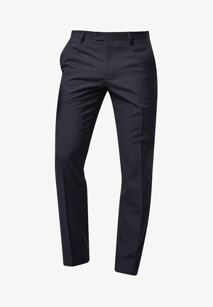 Tengerészeti öltöny nadrág sima anyagból, lapos elejű, egyenes szabással, normál derékkal, övhurkokkal és gombos záródással.