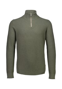 Maglione in maglina verde oliva con maniche lunghe e una corta cerniera argentata su un colletto alto, tessuto strutturato.