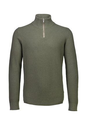 Olivgrüner Strickpullover mit langen Ärmeln und einem kurzen silbernen Reißverschluss am hohen Kragen, strukturierter Stoff.