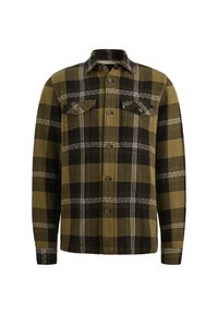 Groene en zwarte geruite flanellen shirt met een visgraatstructuur, knoopsluiting aan de voorkant en twee borstzakken. Bevat contrasterende witte stiksels.