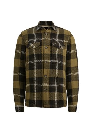 Groene en zwarte geruite flanellen shirt met een visgraatstructuur, knoopsluiting aan de voorkant en twee borstzakken. Bevat contrasterende witte stiksels.