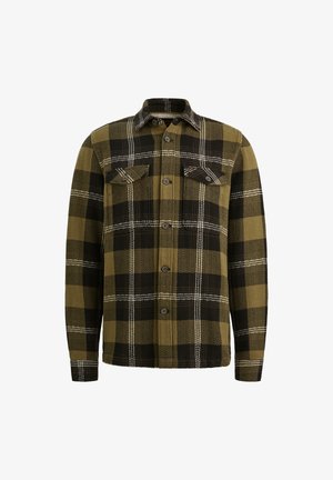 Grünes und schwarzes karierte Flanellhemd mit Fischgrätenstruktur, Knopfleiste und zwei Brusttaschen. Verfügt über kontrastierende weiße Nähte.