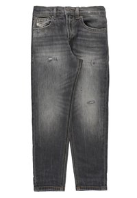 Jeans in denim grigio scuro con design a gamba dritta, dettagli strappati e cuciture a contrasto, inclusa una tasca frontale.