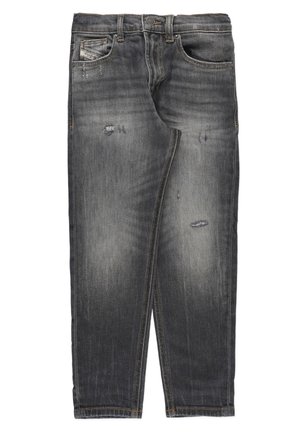 Jeans in denim grigio scuro con design a gamba dritta, dettagli strappati e cuciture a contrasto, inclusa una tasca frontale.