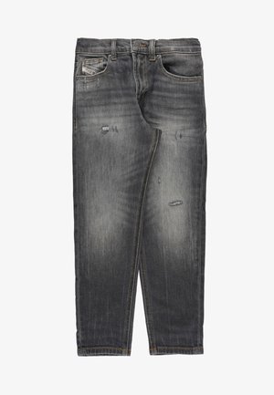 Jeans in denim grigio scuro con design a gamba dritta, dettagli strappati e cuciture a contrasto, inclusa una tasca frontale.