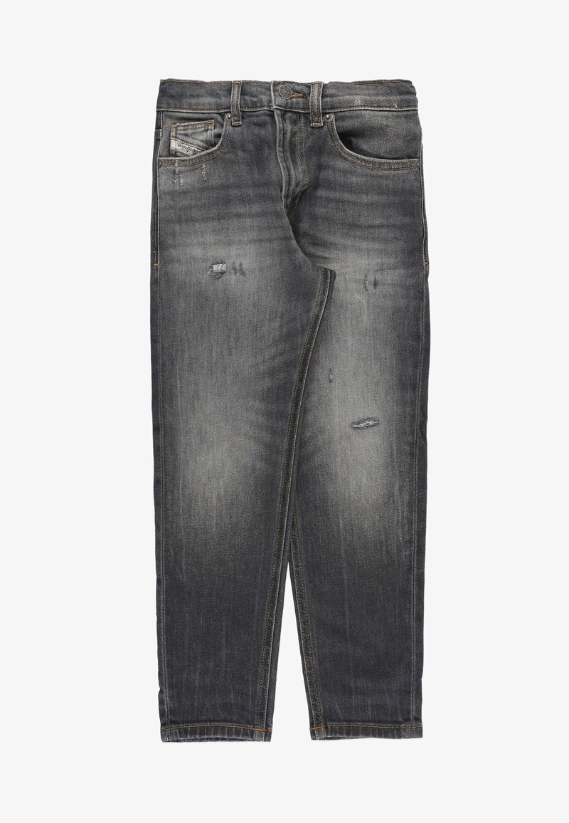 Jeans in denim grigio scuro con design a gamba dritta, dettagli strappati e cuciture a contrasto, inclusa una tasca frontale.