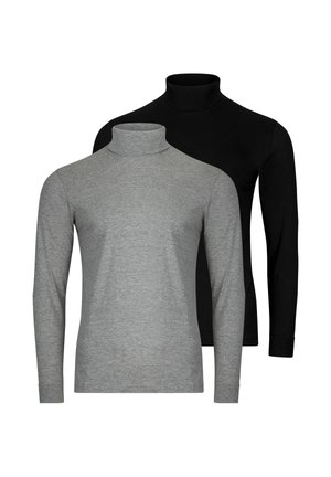 Twee lange mouws coltruien, één grijs vooraan en één zwart erachter, beide op een witte achtergrond.