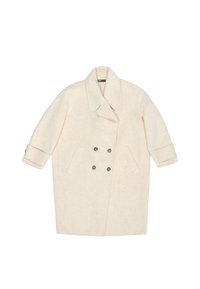 Cappotto in lana beige con design doppiopetto, ampio colletto, maniche a tre quarti, due tasche frontali e bottoni in metallo.