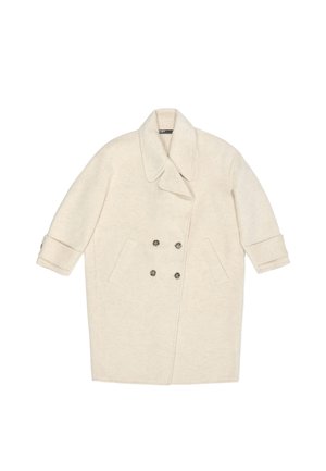 Beige villane coat, millel on topelt nööbid, suur krae, lühikesed varrukad, kaks esmost taskut ja metallnöörid.