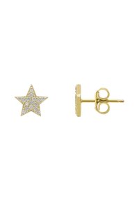 Gold star-shaped stud earrings with small clear gemstones, shown from front and side with butterfly clasp backs.