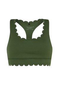 Oliwkowy sportowy biustonosz wykonany z miękkiej tkaniny, z ozdobnym falowanym wykończeniem przy dekolcie i dole oraz szerokim pasem zapewniającym wsparcie.