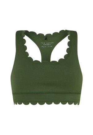 Sujetador deportivo verde oliva hecho de tela suave, con un diseño de bordes ondulados alrededor del escote y el dobladillo, y una banda ancha para soporte.