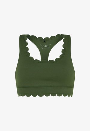 Oliwkowy sportowy biustonosz wykonany z miękkiej tkaniny, z ozdobnym falowanym wykończeniem przy dekolcie i dole oraz szerokim pasem zapewniającym wsparcie.