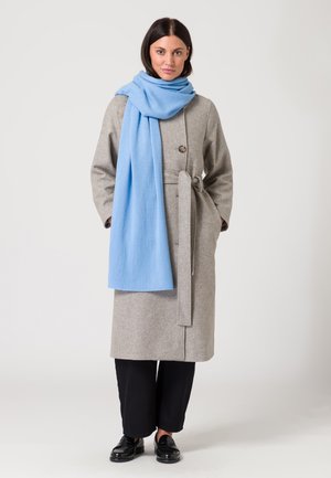 Grijze wollen jas met een riemontwerp, voorzien van twee knopen. Gecombineerd met een lichtblauwe sjaal. Zwarte broek en schoenen maken de outfit compleet.
