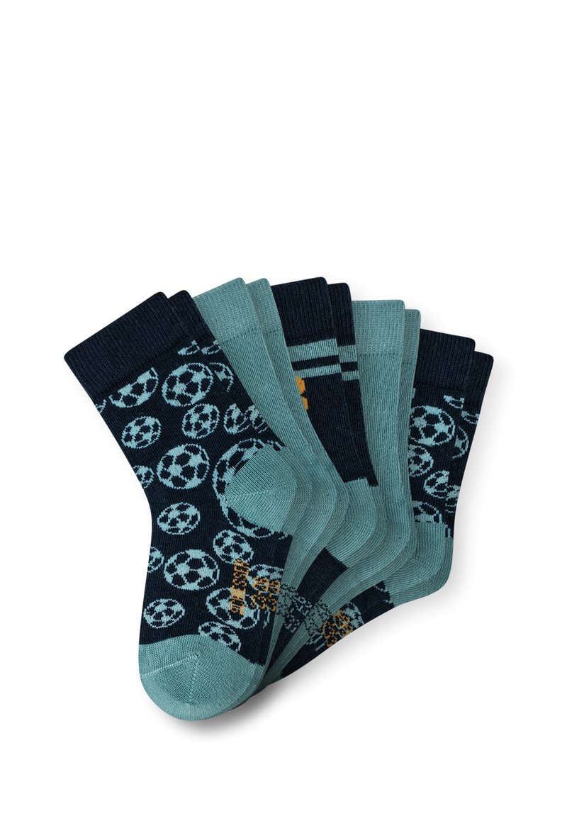 Sechs Paar Socken in Teal und Marineblau, mit Mustern von Fußballen und Streifen, aus weichem, geripptem Material mit verstärkten Zehen.