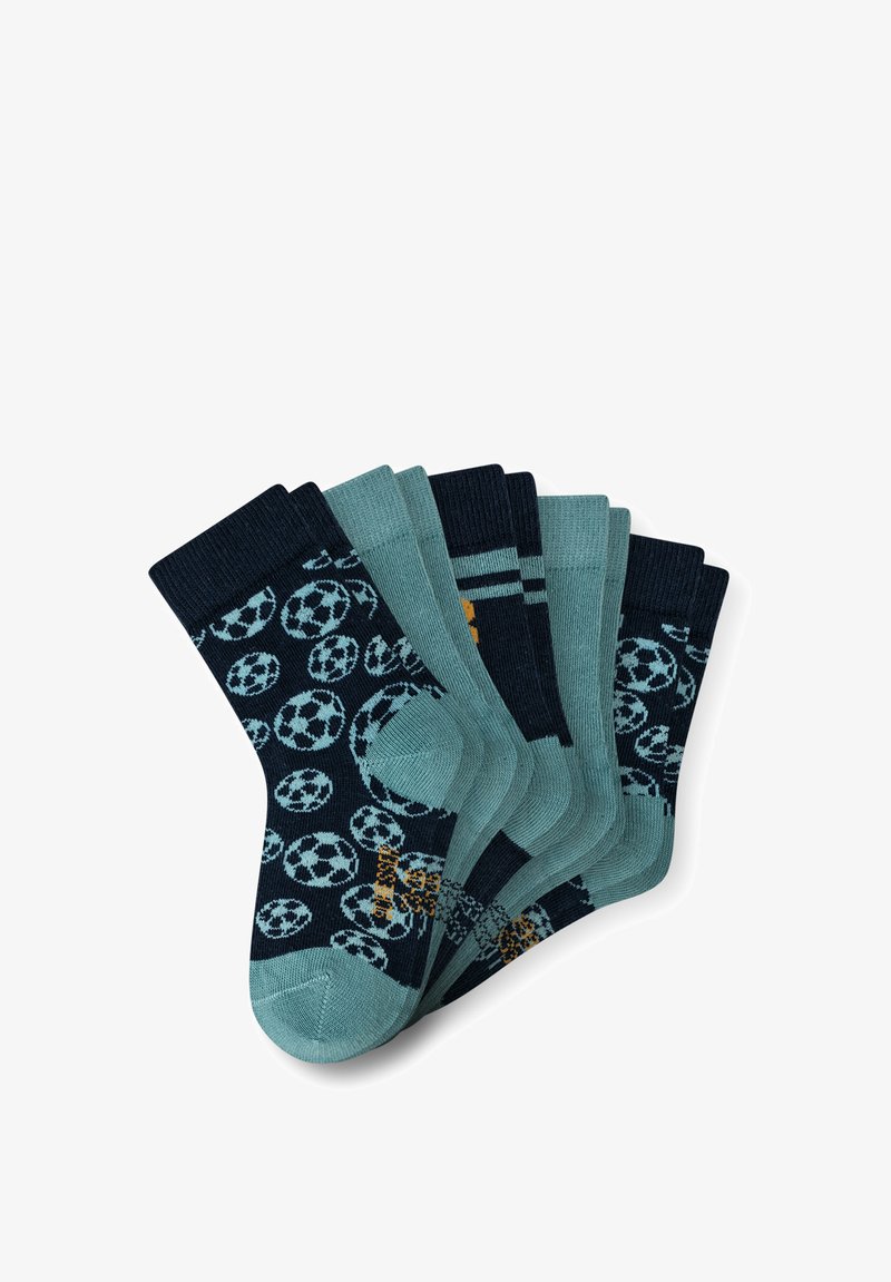Sechs Paar Socken in Teal und Marineblau, mit Mustern von Fußballen und Streifen, aus weichem, geripptem Material mit verstärkten Zehen.