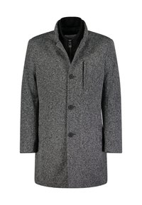 Grau melierter Wollmischmantel mit Reverskragen, fünf vorderen Knöpfen und einem gefütterten Innenteil mit Reißverschluss, das eine Tasche und eine glatte Textur aufweist.