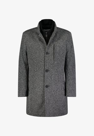 Grau melierter Wollmischmantel mit Reverskragen, fünf vorderen Knöpfen und einem gefütterten Innenteil mit Reißverschluss, das eine Tasche und eine glatte Textur aufweist.