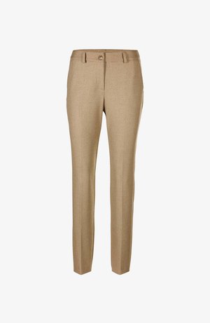 Hellbraune maßgeschneiderte Hosen mit einem subtilen strukturierten Muster, Knopfverschluss, Gürtelschlaufen und schmalen, geraden Beinen.