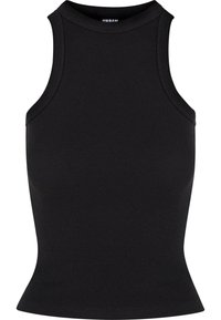 Top fără mâneci, negru, cu un guler înalt, design ajustat, ușor evazat la tiv și branding minimalist la guler.