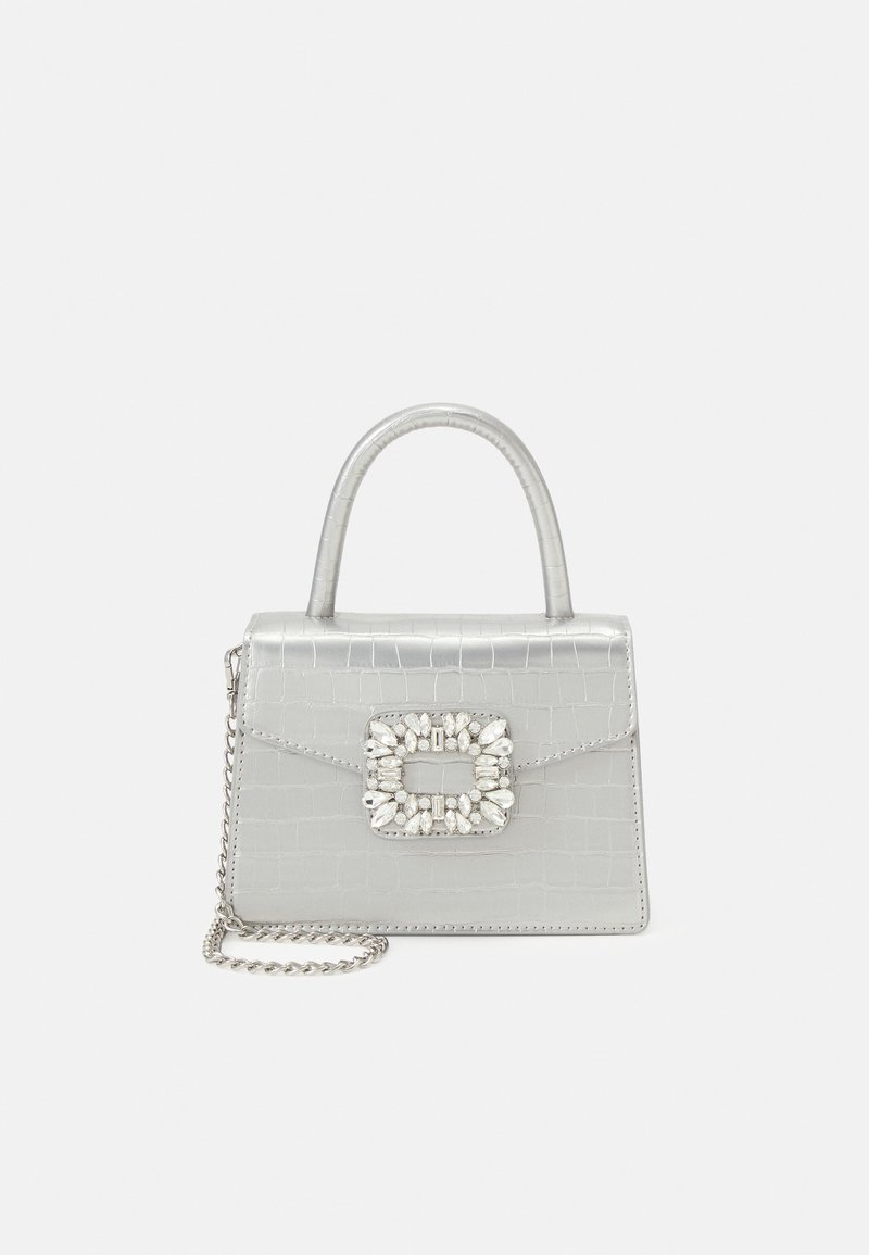 Silver, croc-embossed handbag with a rectangular shape, top handle, and detachable chain strap. Features a jeweled buckle on the front.