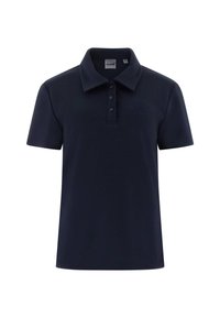 Granatowa koszulka polo wykonana z teksturowanej tkaniny, z zapięciem na trzy guziki i subtelnym haftowanym logo na piersi.