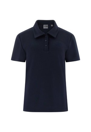 Marineblaues Poloshirt aus strukturiertem Stoff mit einer dreiknöpfigen Blende und einem dezenten, auf der Brust eingestickten Logo.