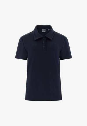 Temno modra polo majica iz teksturirane tkanine z trojnim gumbom in subtilnim vezenim logotipom na prsih.