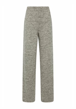 Lichtgrijze wijde broek van een zachte, gestructureerde stof met een elastische tailleband, voorzien van een subtiel gemêleerd patroon.