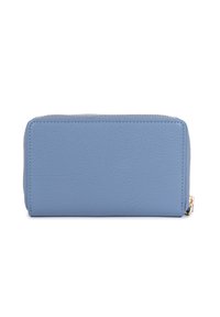 Blauwe leren portemonnee met een gladde textuur, rechthoekige vorm en een gouden ritsaccent. Heeft een minimalistich ontwerp zonder zichtbare patronen.