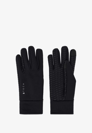 Gants noirs extensibles avec grip texturé sur les paumes, tissu lisse et poignets allongés. Présente le logo "BTECH" au niveau du poignet.