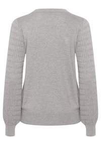 Light gray knit sweater with textured ribbed long sleeves and fitted cuffs, shown from the back.