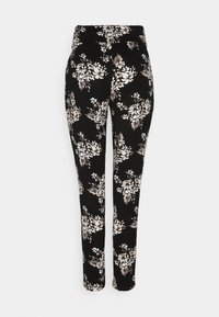 Blomsterprint bukser i sort med hvide og taupe blomster. Tætsiddende design med en glat talje, lavet af et strækbart stof for komfort.