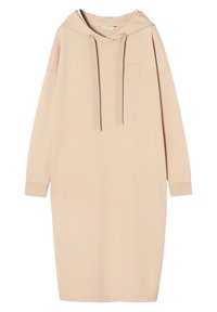 Abito felpa oversize beige realizzato in tessuto morbido. Presenta un cappuccio, polsini a coste e coulisse regolabili. Leggera consistenza, design minimale.
