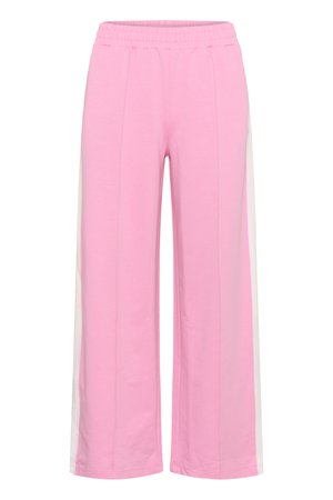 Pantalones de pierna ancha en color rosa, hechos de una tela suave, con una cómoda cinturilla elástica y franjas laterales blancas para un contraste.