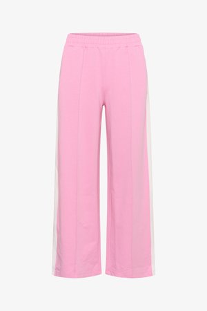 Rosa weite Hose aus weichem Stoff, mit einem bequemen elastischen Bund und weißen Seitenstreifen für einen Kontrast.