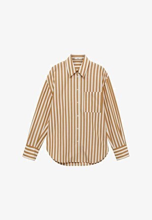 Pruhovaná košile na knoflíky v hnědé a krémové barvě, s dlouhými rukávy, límcem, náprsní kapsou a zakřiveným lemem. Měkká textura látky.