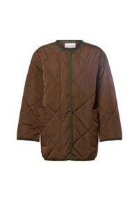 Smeđi prešani kaput s zelenim obrubom, dijagonalnim šavovima, okruglim izrezom i dva bočna džepa. Lagani, funkcionalni dizajn.